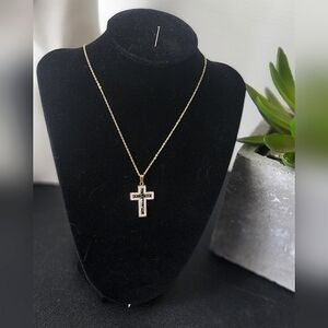 18" Gold Stainless Steel Chain with Black and Clear Crystal Cross Pendant